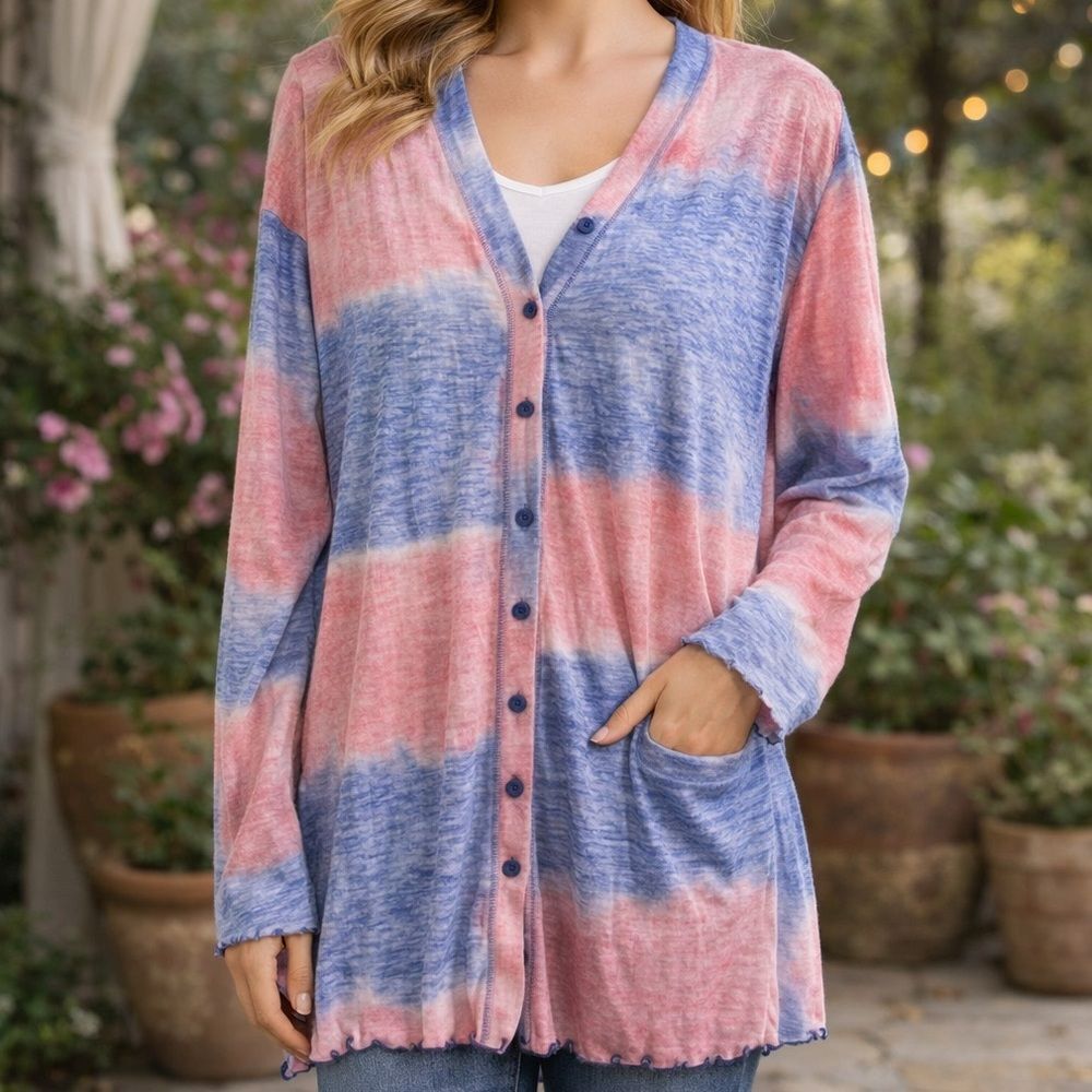 Kori America Button Down Tye Dye Sweater Duster Top Size Small